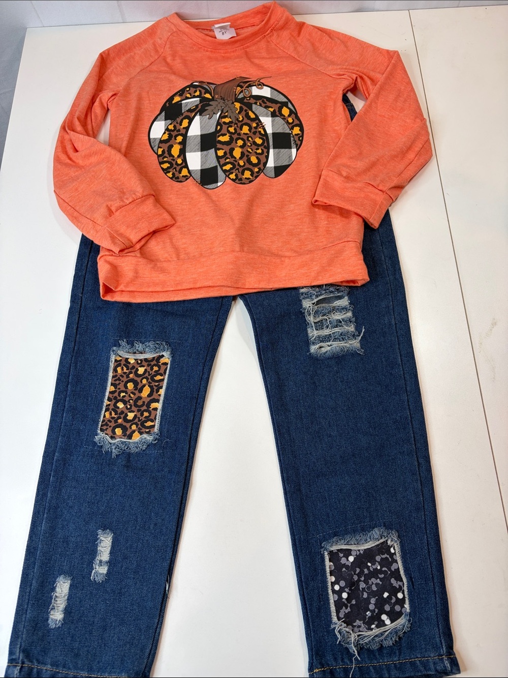 Mia Bella Girls Size 8 Fall Pumpkin Top & Patchwork Jeans Set NWOT